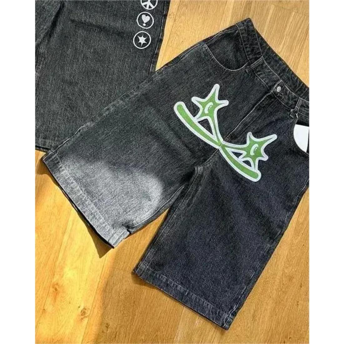 American Retro Gothic Halloween Geometry Graffiti Print Denim Shorts Men Women Y2k Low Waist Baggy Knee Length Jeans Jorts Short Streetwear Trendy Vintage 90s Style Cool Hip Hop Casual Festival Unisex