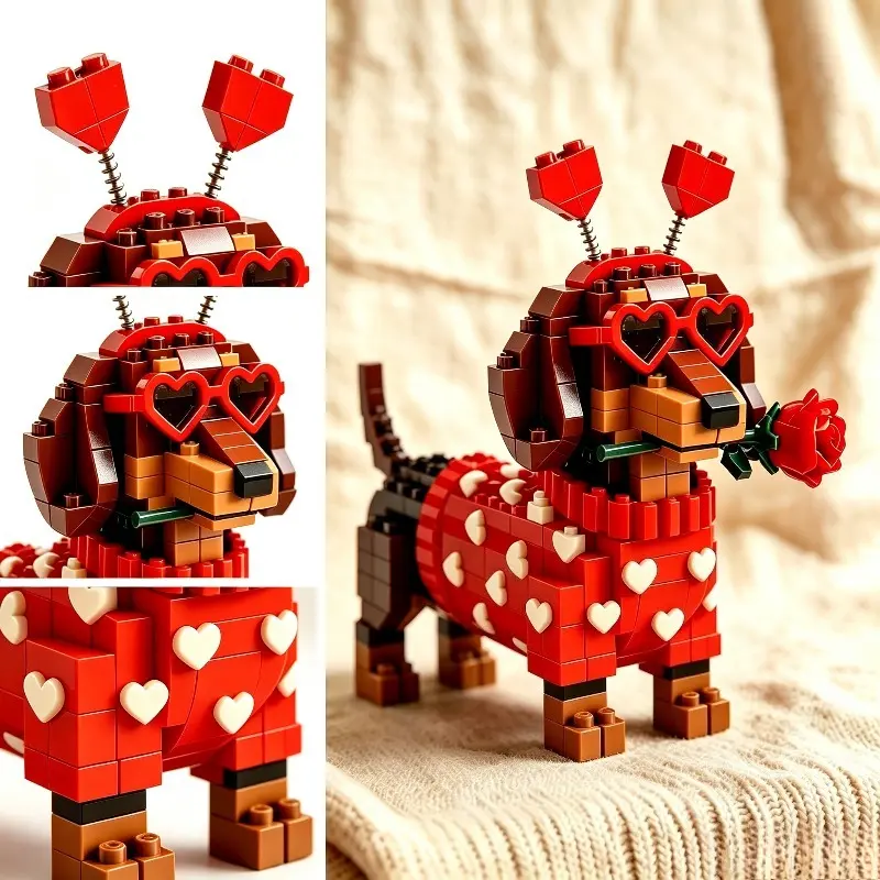 Valentine Heart Dachshund MOC Building Blocks Animals, Romantic Pet Model, Display Model, creative blocks, skills kits, desktop figurines, Birthday Holiday Gift for Adults 14+, Back to School Love Theme Decor