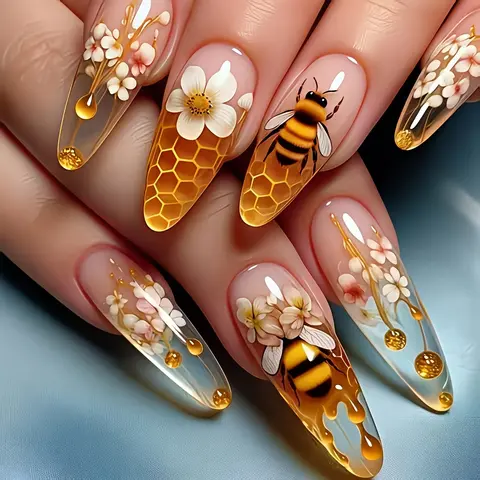 Floral Bee Design False Nails, Handmade Reusable Nails, Nails Press Ons, Reusable 24pcs Nail Art Stickers, Cute Fashionable Detachable Manicure Strips for Daily Use, Decorative Nails, Fake Nails