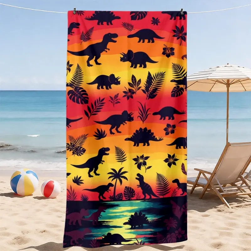 Dinosaur Sunset Beach Towel, Tropical Plants & Prehistoric Dinosaurs Design, Soft Comfortable, Kids Beach Pool Travel Camping Gift