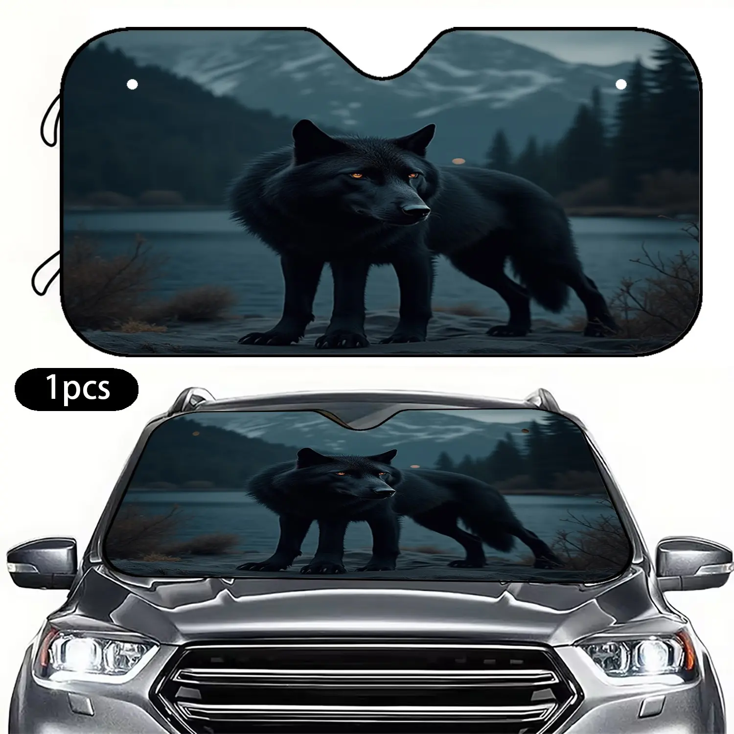 Wolf Snow Mountain Lake View Sunshade, UV Protection, Heat Reduction, Foldable Portable Car Shade, Indoor/outdoor Use
