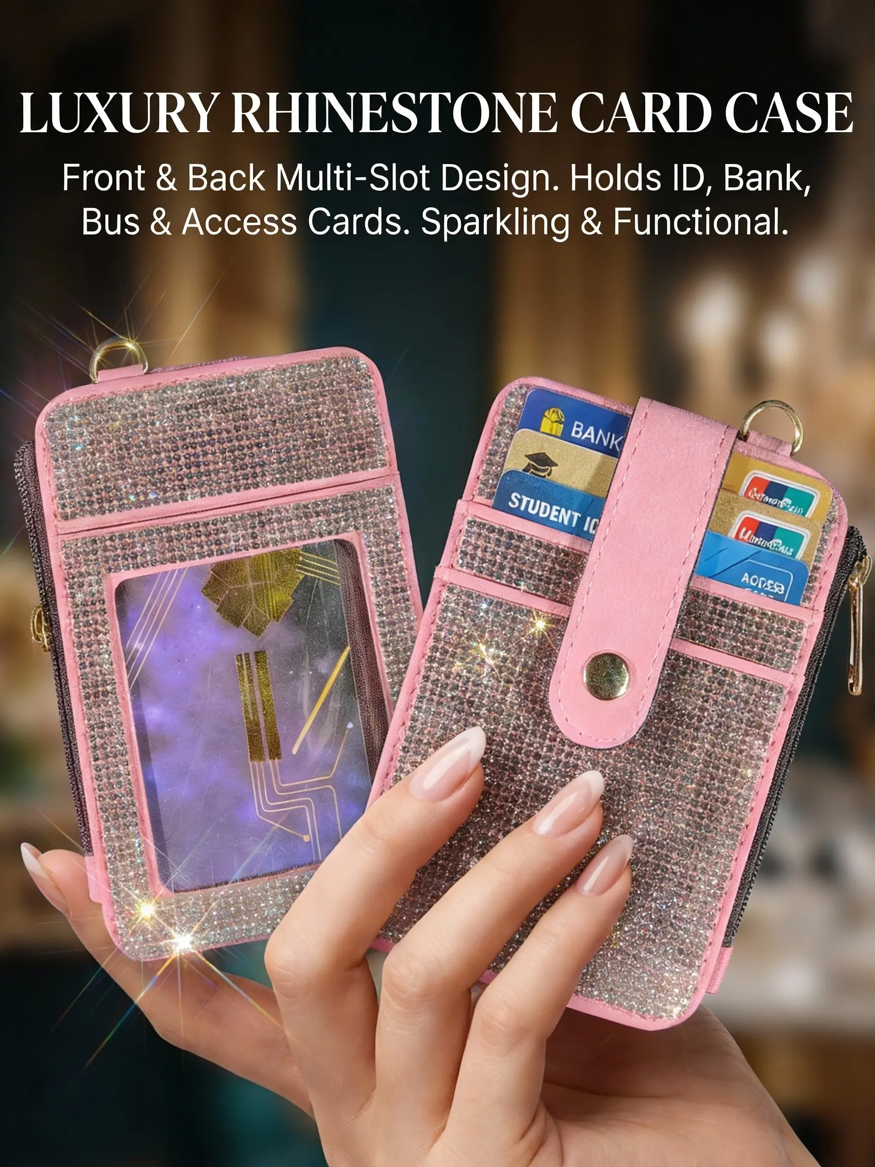Fashion New Multi-Layer ID Card Case, Sparkling Rhinestone Bank Card Bag, Casual Floral Style for Women, All Seasons bling bling Student Card Holder