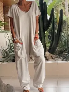 V Neck Short Sleeve Drop Crotch Jumpsuit, Big Side Pockets, Soft Stretch Knit Fabric, Loose Harem Overall, Casual Daily & Vacation Wear Loungewear