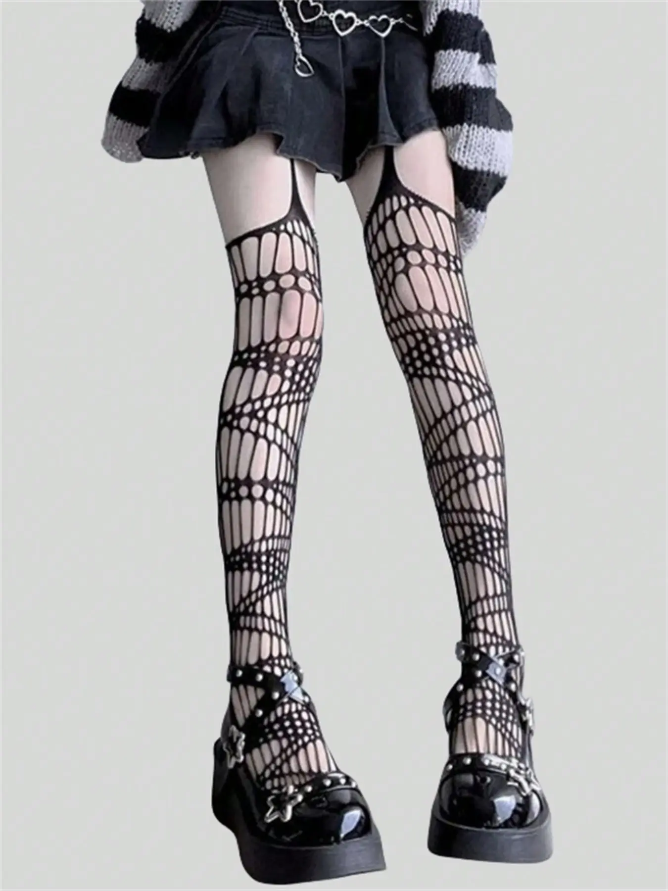 Gradient Hollow Out Strap Fishnet Over-The-Knee Socks, Stylish and Trendy Footwear Accessory, Perfect for Casual Wear