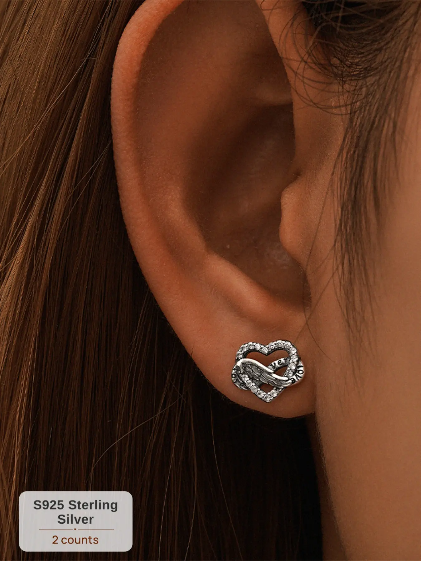 1 Pair Vintage S925 Sterling Silver Stud Earrings, Gothic Victorian Infinity Feather Love Heart Sparkling CZ Inlaid Studs, Hypoallergenic Romantic Talisman Jewelry Trendy Gift for Her