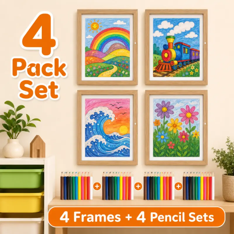 4 Pack Magnetic Kids Art Frame | 8.5x11 Inch | Includes 12 Colored Pencils | Display     artwork/Drawings/Photos    for Home Decor | color：wood