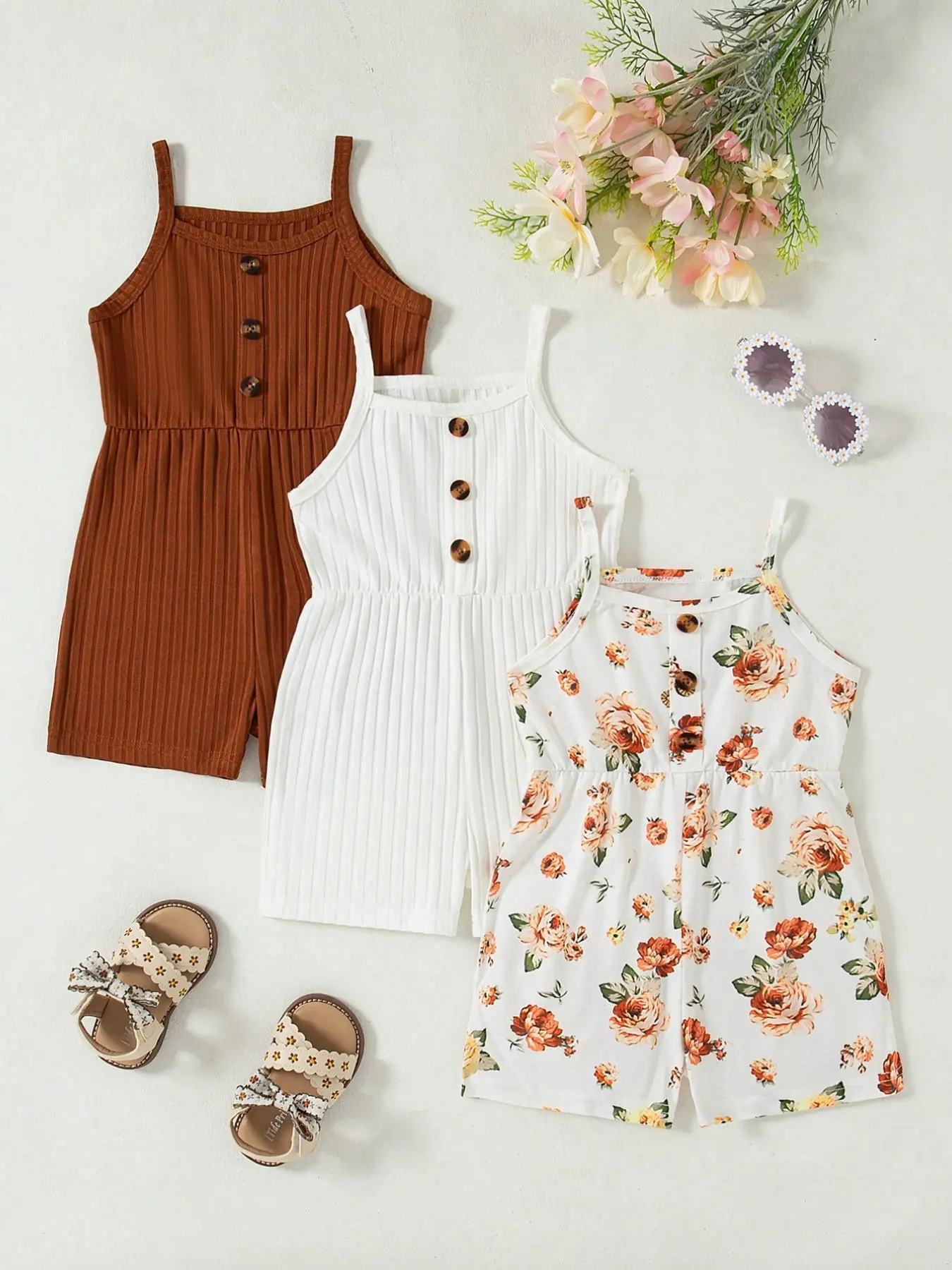 Young Girls Fashion New Pure Color Striped Floral Print Halter Romper Set, Three-Piece for Kids, Clothes Kids, Stylish and Comfortable, Outfits Set