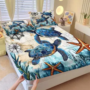 Vintage Nautical Map Turtle Fitted Sheet Set & 2 Pillowcases-Distressed Vintage Nautical Old Map Base with Hand-Drawn Blue Sea Turtles & Orange-Red Starfish-Non-Slip Mattress Protector-Refreshing Ocean-Style Bedroom Decor
