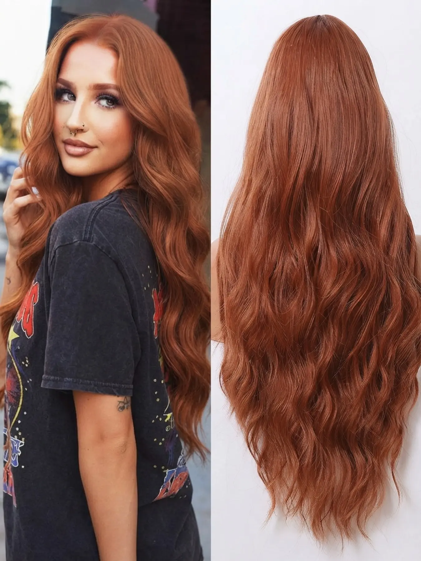 Long Wavy Copper Red Wig Middle Part Synthetic Wigs for Women Heat Resistant Fiber Glueless Wave Hair Daily Wear Party Cosplay Natural Looking Soft Realistic Ginger Brown Auburn Wavy Fake Hair Extensions Styles Wigs Synthetic Material Wigs