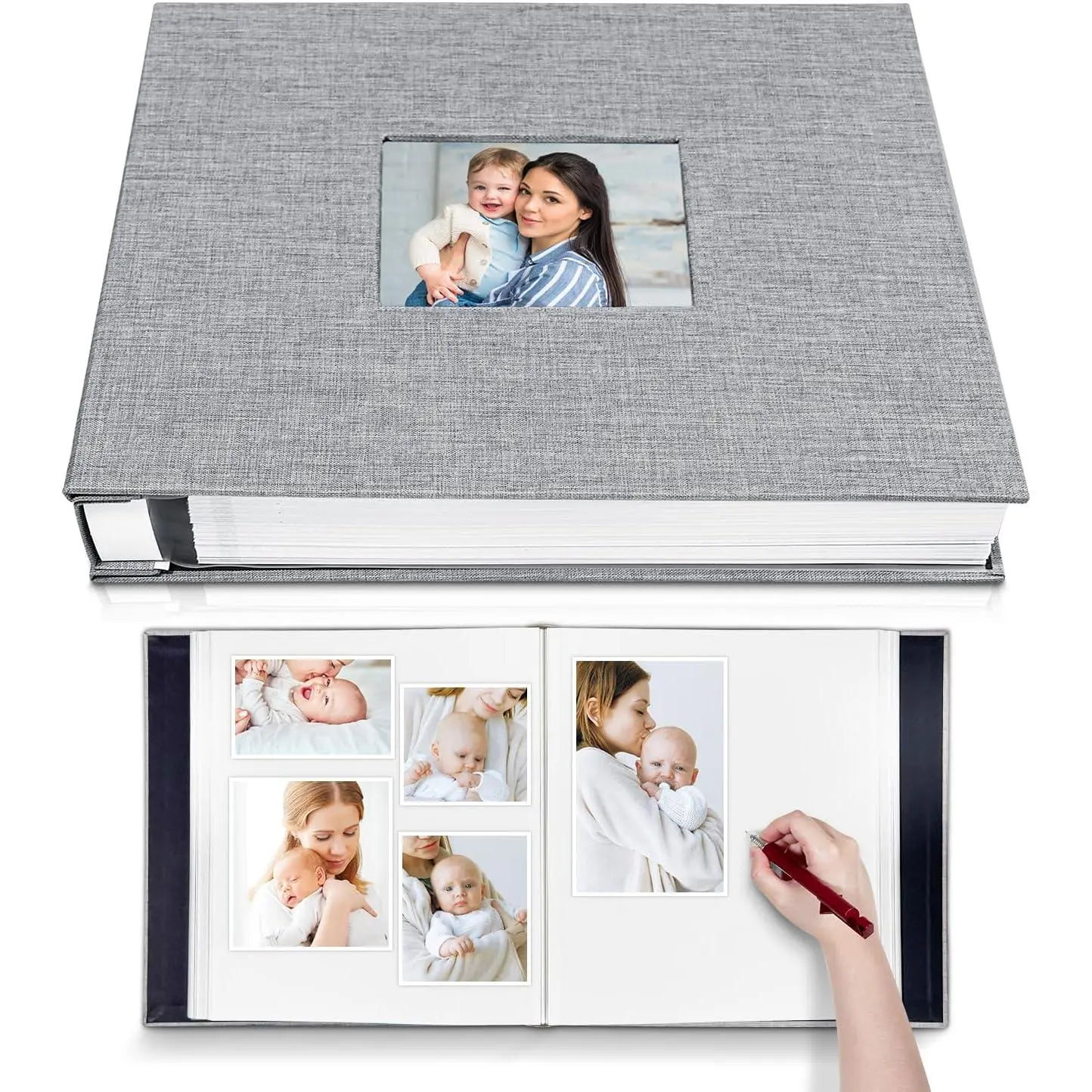 Large Photo Album Self Adhesive with Picture Display Window, DIY Scrapbook Album for 4x6 8x10 Pictures, 40 Pages Linen Cover Memory Book with Scraper and Metallic Pen home