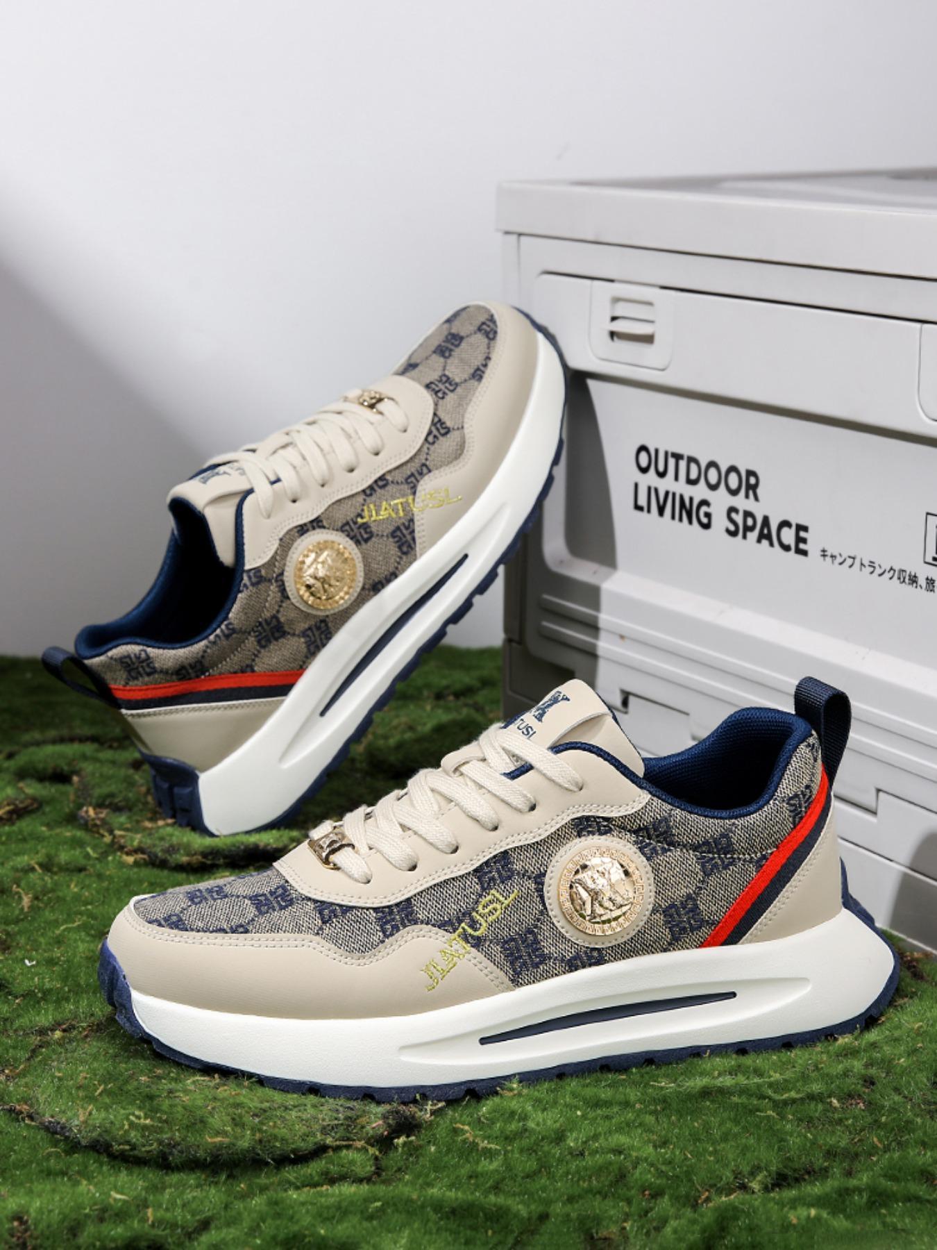 Men's Khaki Luxury-Inspired Chunky Sneakers, Gold Emblem Accents, Retro Monogram Design, Thick Cushioned Sole, Streetwear Casual Shoes for American Trendsetters