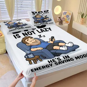 Funny Dad Energy Saving Mode Fitted Sheet Set, 1 Fitted Sheet + 2 Pillowcases - 3 Piece Soft Breathable Deep Pocket Bedding, Humorous Style Bed Sheets for Bedroom Decor, All Sizes, Great Gift for Dad Husband Papa