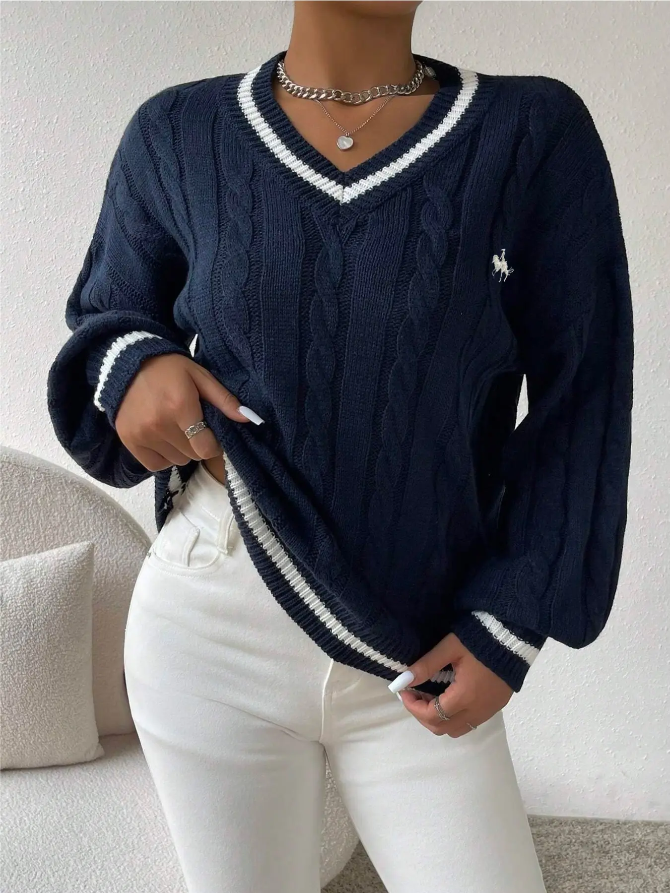 Academic Style Striped Knit Sweater, Versatile Loose Fit V-Neck Pullover, Soft and Cozy Crew Neck Top, Perfect for Daily Wear