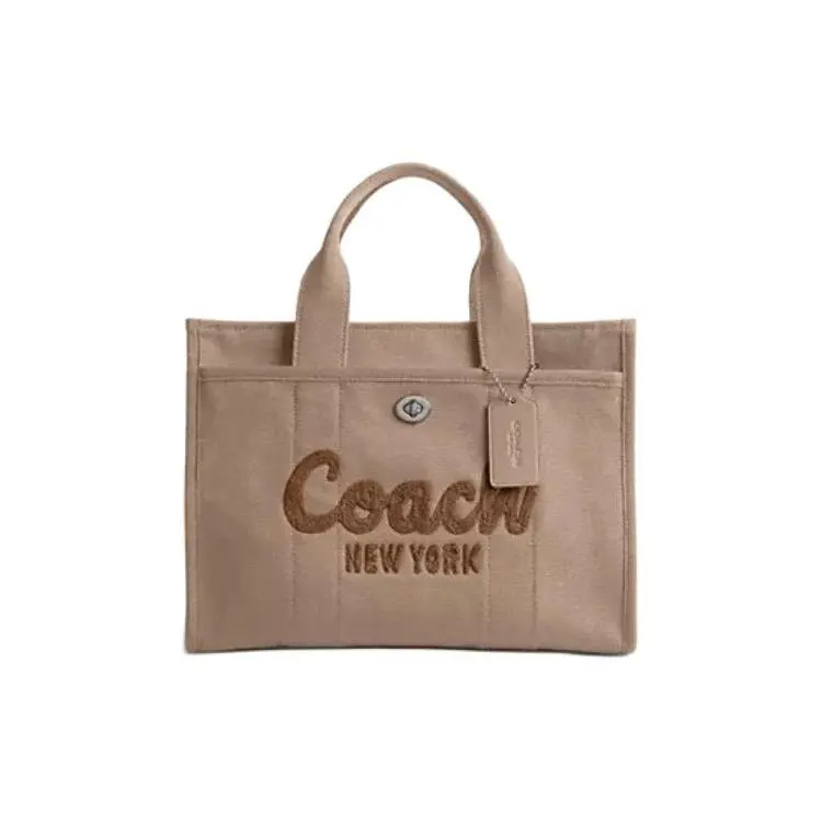 COACH Cargo 34 Embroidered Logo Quilted Tote Bag for Women, Canvas and Satin Blend, Brown