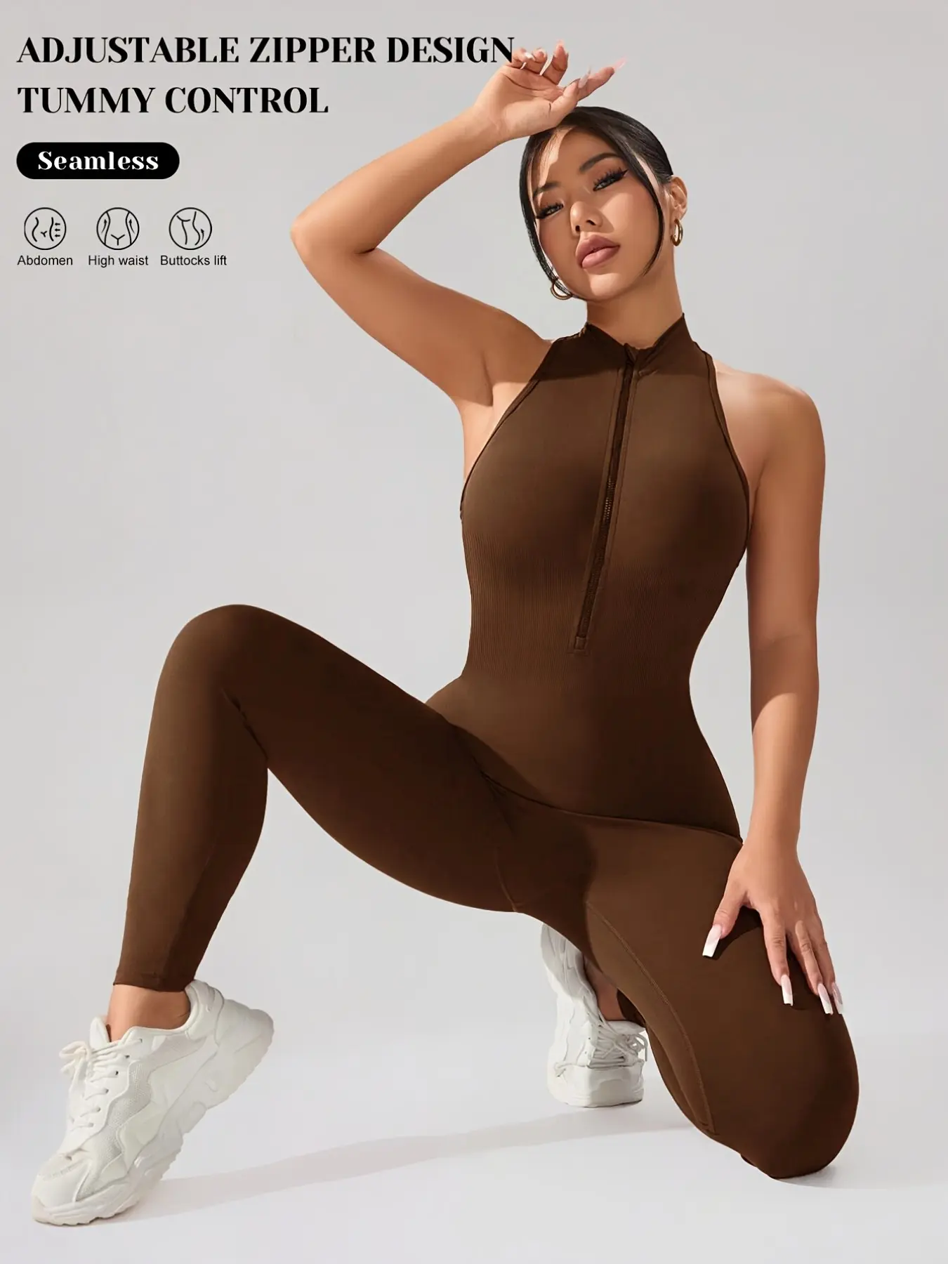 Sleeveless Workout Jumpsuit for Women Zip Up Romper V Backless Scrunch Sexy One Piece