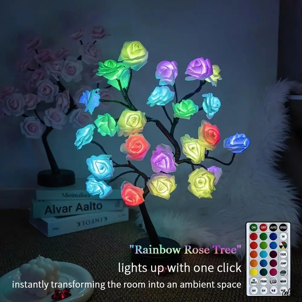 Rose Flower Tree LED Cordless Lamp - Remote-Controlled Decorative Atmosphere Light, Dual Power Ambient Night Light for Bedroom Indoor Recreation Home Decor, Colorful LightingCordless LED Rose Flower Tree Atmosphere Lamp With Remote Control, Dual USB & Bat