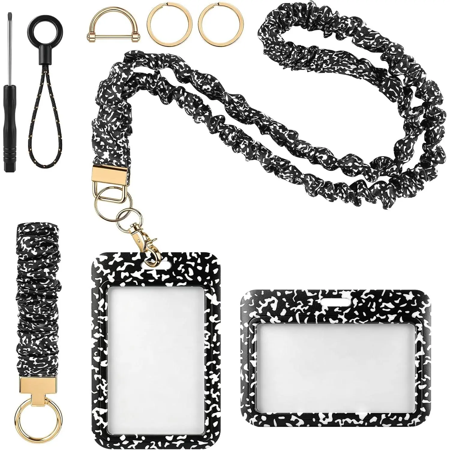 2 Pack Scrunchie Lanyard with ID Badge Holder for Women- Black White Flower | ID Badges Key Rings Set;Retractable Lanyards;ld Badges ; and Wrist ;Chinoiserie Style;Teachers Office Worker