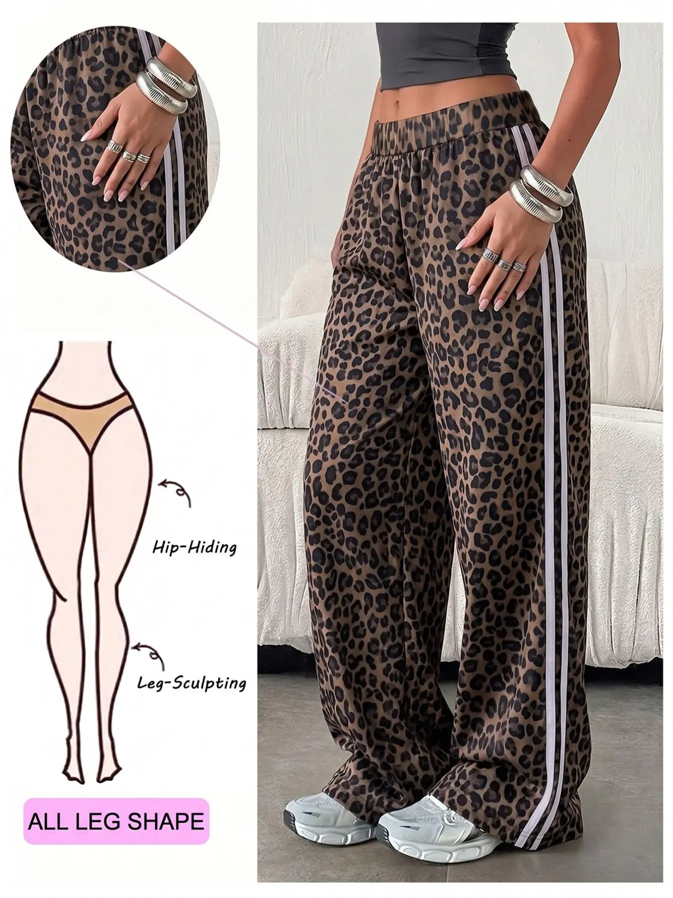 Womens Leopard Print Wide Leg Pants High Waisted Elastic Waist Side Stripe Loose Fit Y2K Streetwear Trousers, Casual Bohemian Trousers, Casual Lounge For Daily Wear Vacation Street Style, Casual Fashion Bottoms