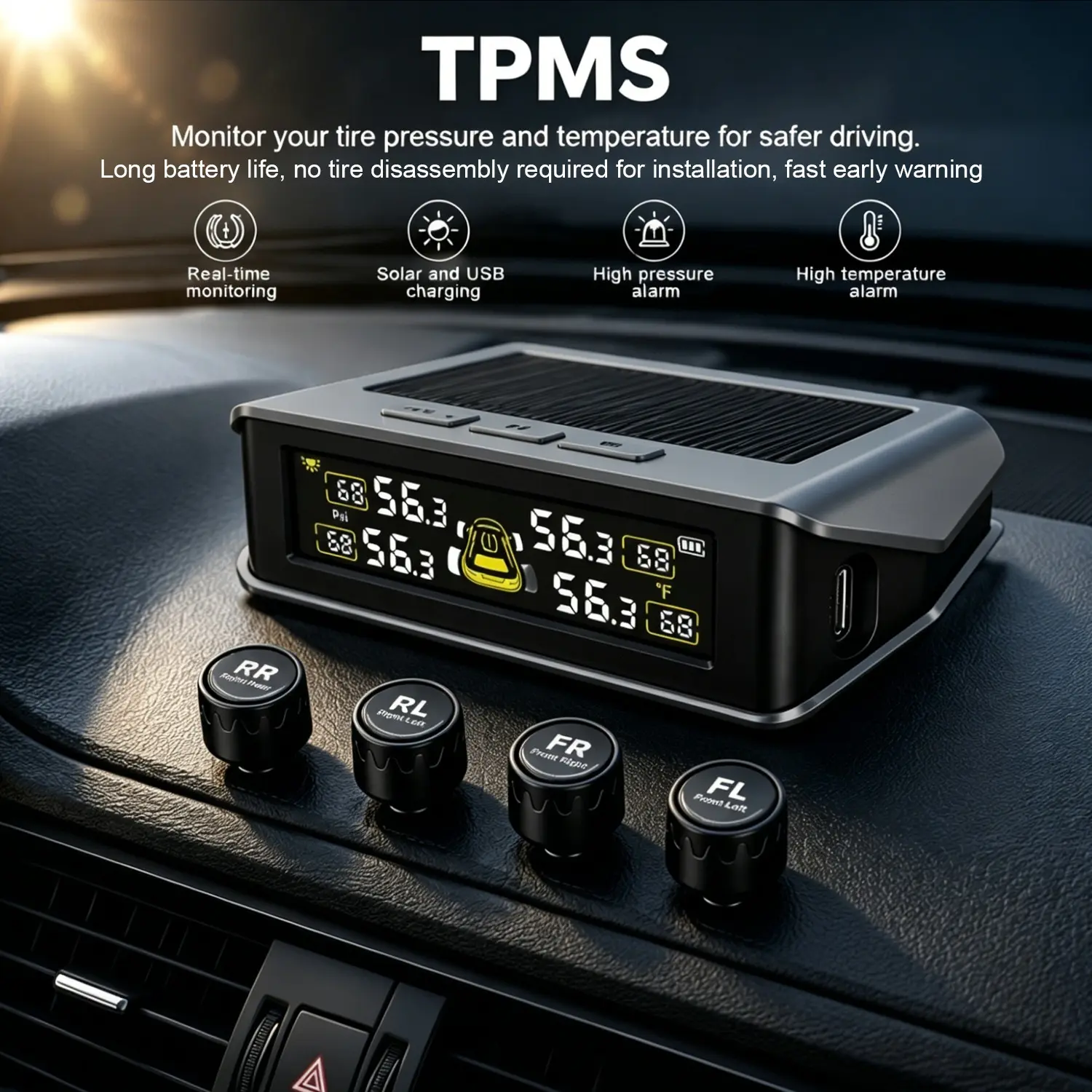 Tire Pressure Monitoring System, Easy Installation, Digital LCD Display, 4 Sensors, 6 Alarm Modes, for RV/trailer/truck/suv