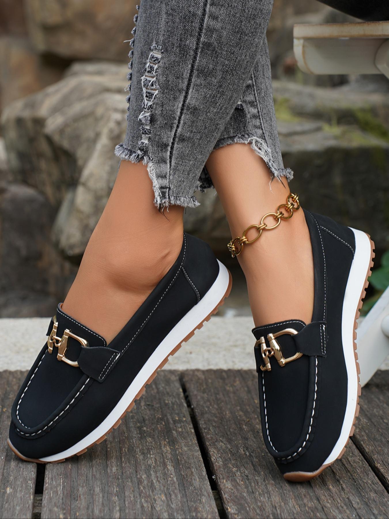 Women's Casual Slip-On Round Toe Loafers, PU Leather Comfortable Wedge Heel Shoes, Metal Buckle Decor, All Season Footwear