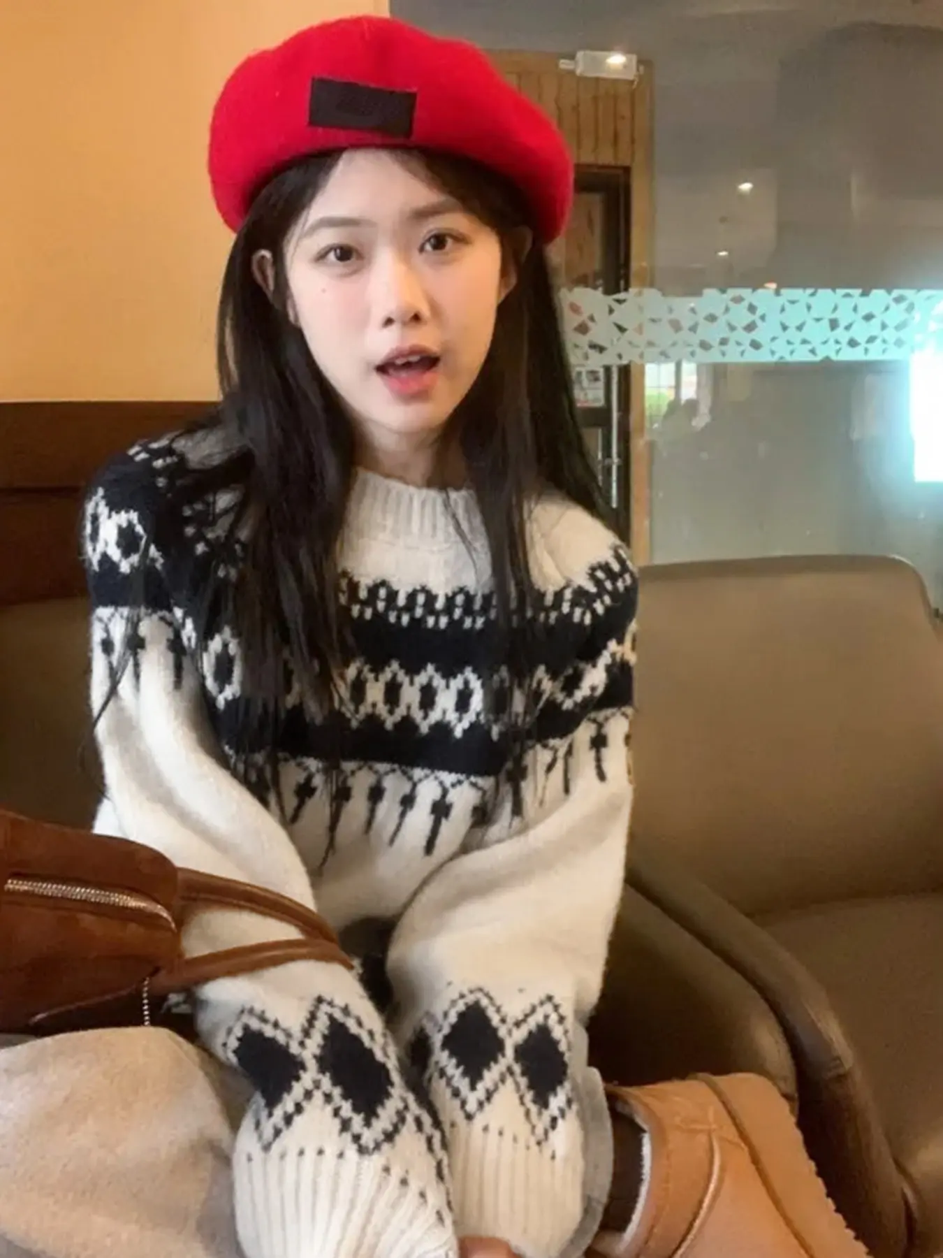 New Fashion Korean Round Neck Long Sleeve Sweater, Geometric Pattern, Loose Fit, Elegant Style, Fall & Winter Knit Top for Office and Dating