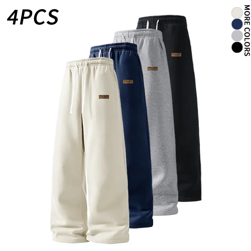 Men's 4-Pack Relaxed Fit Fleece Blend Full Length Jogger Pants, Warm Wide Leg Sweatpants with Drawstring Elastic Waist, Side Pockets for Streetwear Outfits, Gym, Polyester Clothes, Baggy Sweatpants