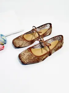 2026 New Women's Retro Mary Jane Flat Shoes, Square Toe Mesh Embroidered, Soft Rubber Sole, Casual Daily Wear Walking Shoes, Pair with Jeans and Dresses