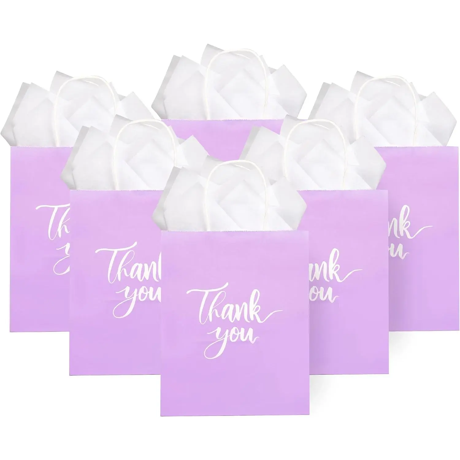 50 Pack Medium Sized Lavender   Bags Thank You Paper Bags with Handles 10''x8''x4'' and 50 White Tissue Paper for Business, Wedding  Shower Birthday Party Favors, Christmas Gifts