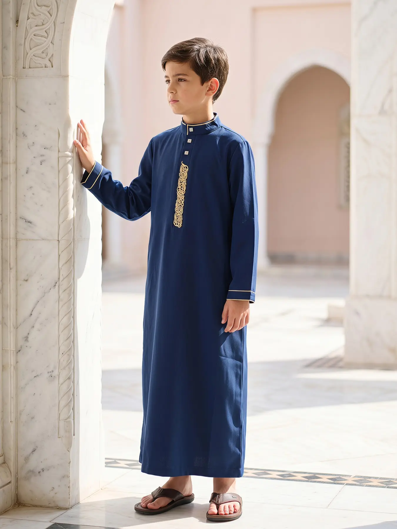 Arab Boy Elegant Embroidered Detail Thobe, Stand Collar Button Front, Side Pockets, Ideal for Daily Wear, Formal Events, Holidays, Gift Ready, Perfect Gift