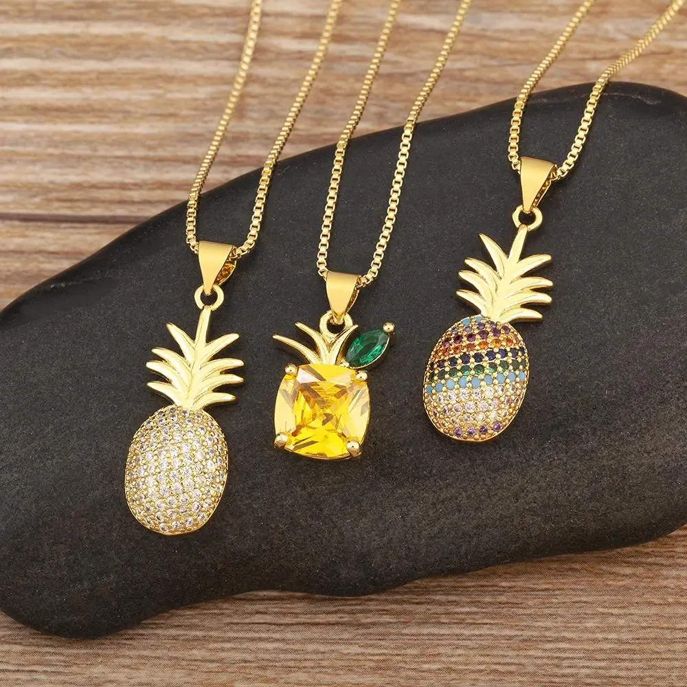 Women's 1 Chain Link CZ Necklace, Pineapple Drop Pendant with Colorful Pave Stones, Gold-Plated Finish, Affordable Fashion Jewelry, Gold Aesthetic, Fine Polishing Mirror Finish, Gold Drop Pendant Necklaces