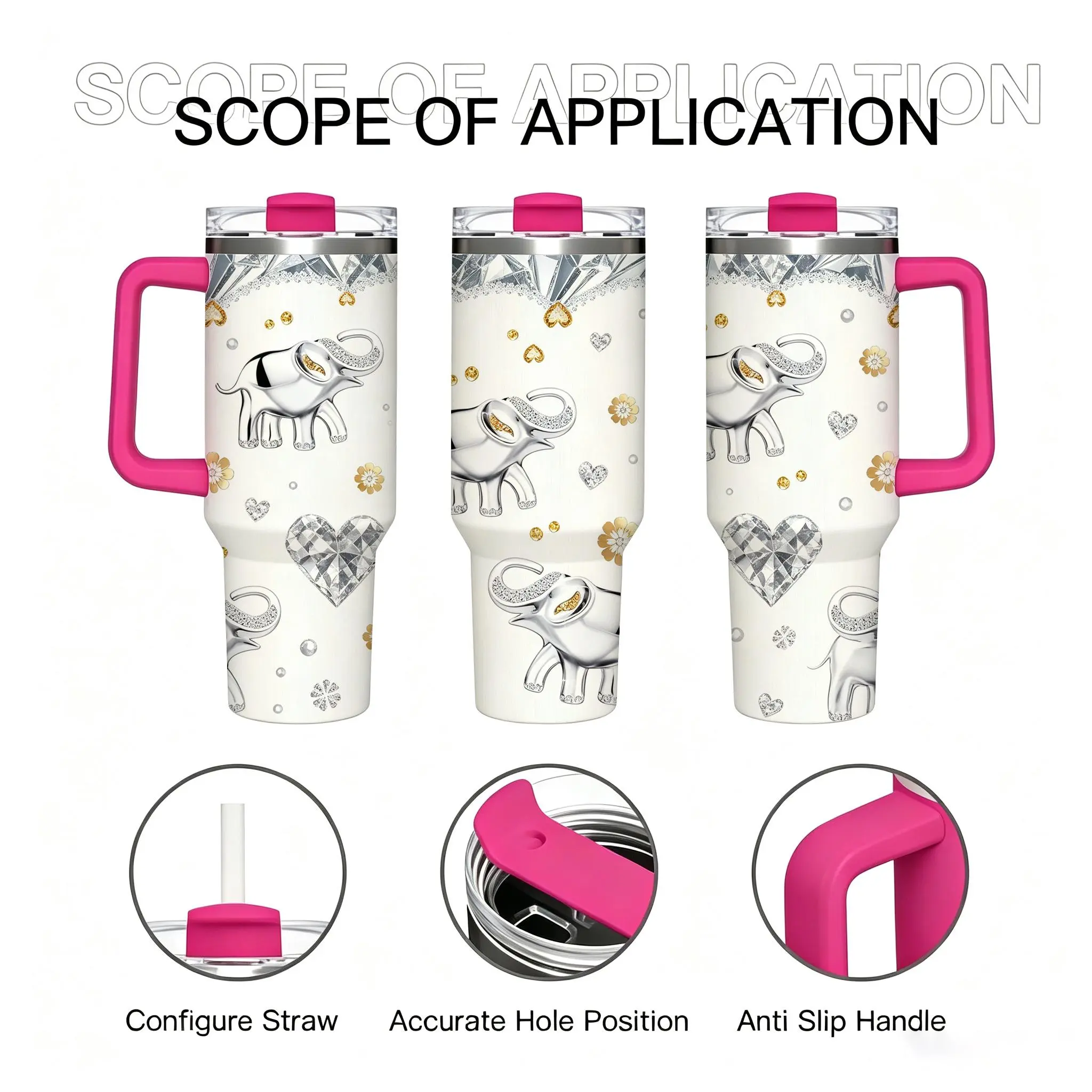 40 oz Elephant Vacuum Insulated Travel Cup with Lid, Straw & Handle - 1-Piece Kitchenware Drinkware, Jewelry Decorative Gift for Birthday, Christmas Stranger Things Mug Stainless Steel Dr Pepper Tumbler flask