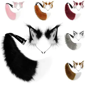 2 PCS Faux Fur Animal Ears Headband Furry Fox Wolf Tail Costume Set For Party Cosplay