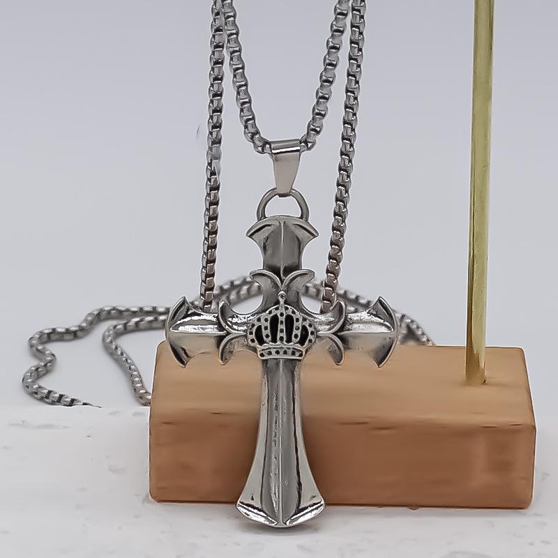 Stainless Steel Necklace, Stylish Light Luxury Cross & Crown Pendant, Versatile Necklace for Men and Women
