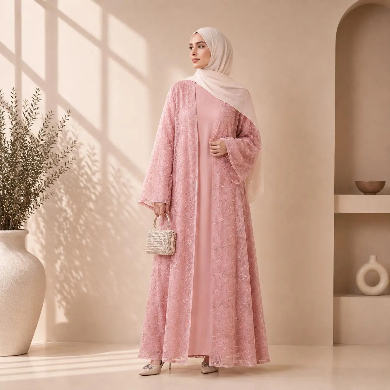 Floral Beaded Mesh Abaya Set Satin Dress 2 Piece Eid Wedding Guest (MOA222)