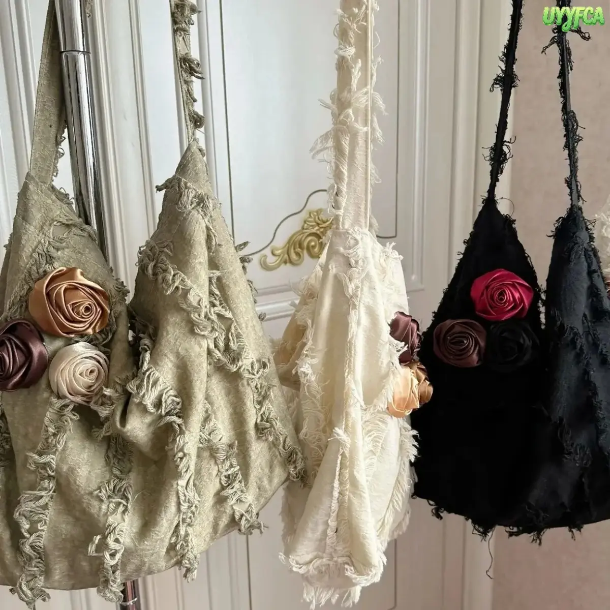 Women's Vintage Fringe Linen Crossbody Shoulder Bag - Satin Rose Floral Jacquard Polyester Hobo, Soft Slouchy Casual Neutral Earth Tone Purse for Spring Outdoor Shopping (Sports & Outdoor Use),back to school,back to school haul