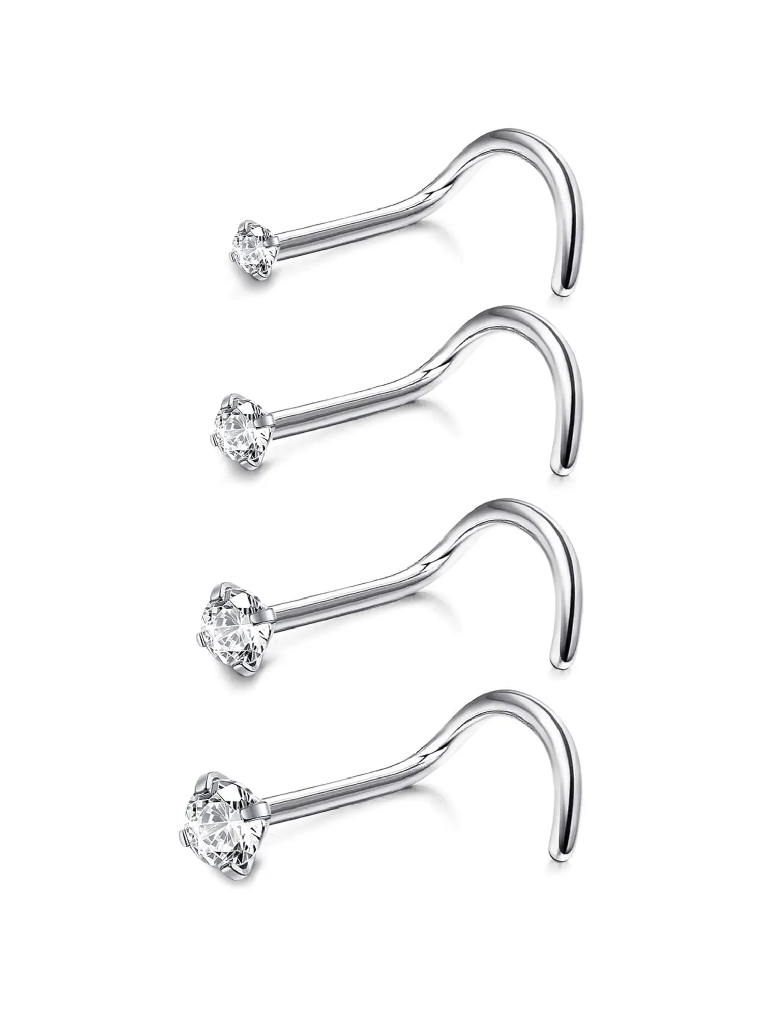 4 Pcs Sleek Minimalist Style Tiny G23 Titanium Nose Piercings Embedded with Shimmering CZ Nose Screw Bundle for Unisex Curved Hook Nostril Piercing Studs Lightweight Long-time Wearing Design Versatile Delicate Body Accessories for Piercing Enthusiasts