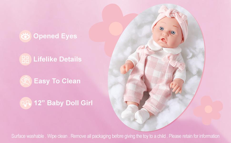 12'' Baby Doll in Gift Box with Pink Cloths, Pacifier, 13''x13'' Microfabric Blanket, and Feeding Bottle. Gift Idea for Ages 3+