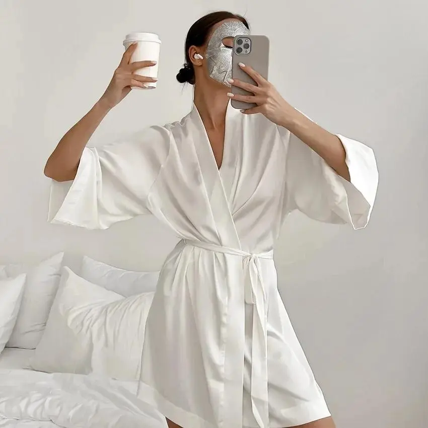 Women Wedding White Bride Robe Morning Gown 3/4 Sleeve Sleepwear Loose Nightgown Female Silk Satin Kimono  Lingerie