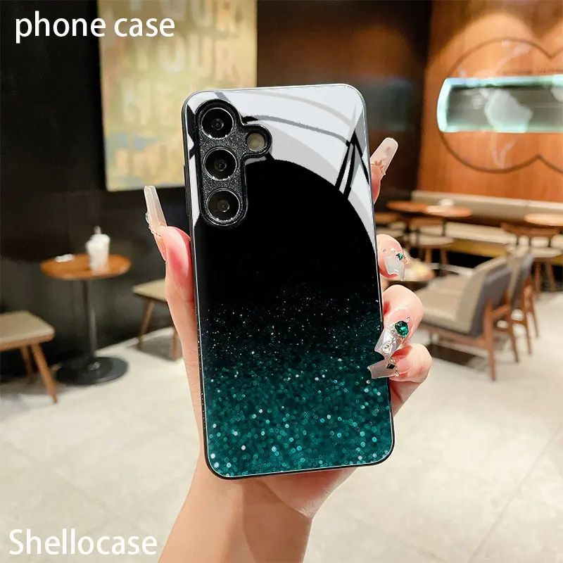Phone Case: Minimalist Curves with Teal Glitter Stardust Glow. Black Tempered Glass Phone Case for Samsung for Galaxy S26 S25 S24 S23 S22Pro S21 S20 Fe Plus Ultra Pro A56 A55 A54 A53 A52 A51 A36 A35 A34 A32 A26 A25 A24 A23 A16 A15 A14 A06 A05 A03s, Smartp