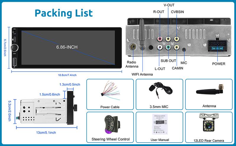 Single Din Car radio with Wireless CarPlay/Android Auto, Bluetooth Handsfree Car Radio 6.86 Inch IPS Touch Screen Single DIN MirrorLink FM/EQ/AUX/USB/SWC/Type-C with Camera MIC