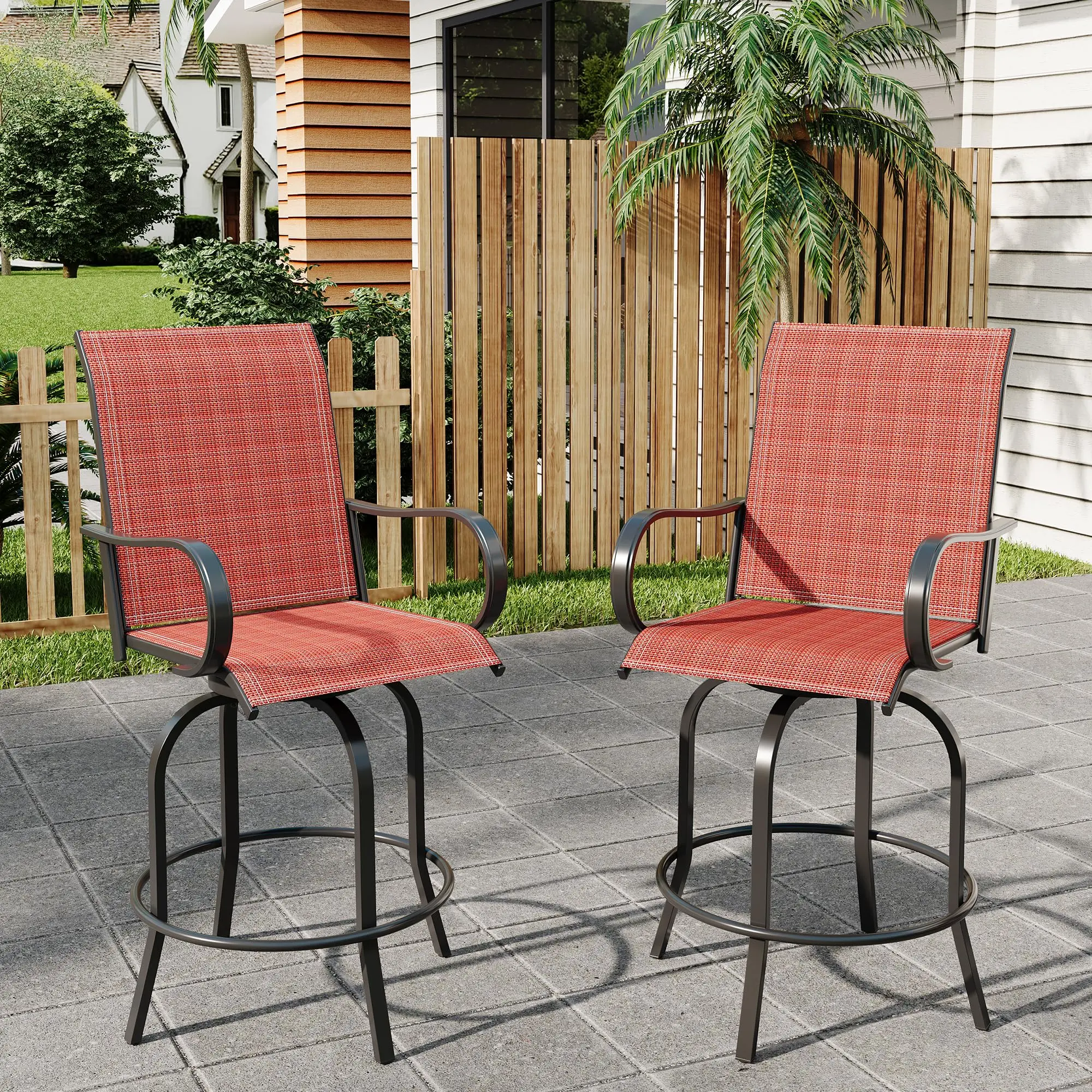 Outdoor Swivel Bar Stools Set of 2 – Bar Height Patio Chairs with High Back & Armrest, 360° Swivel All-Weather Textilene Stools for Patio, Deck, Backyard