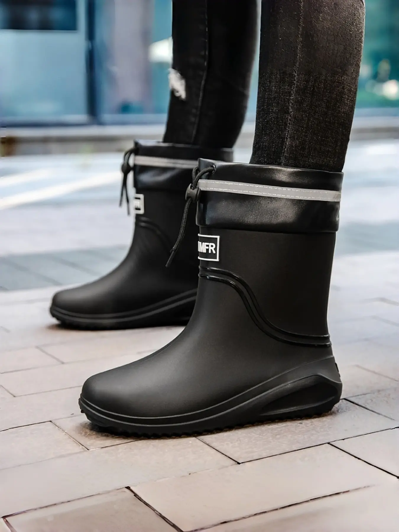 Comfort Wide Fit Drawstring Mid Rain Boots Black Smooth Waterproof Surface Reflective Cuff Red Thick Anti-Slip Lug Outsole Casual Vacation Wading Footwear