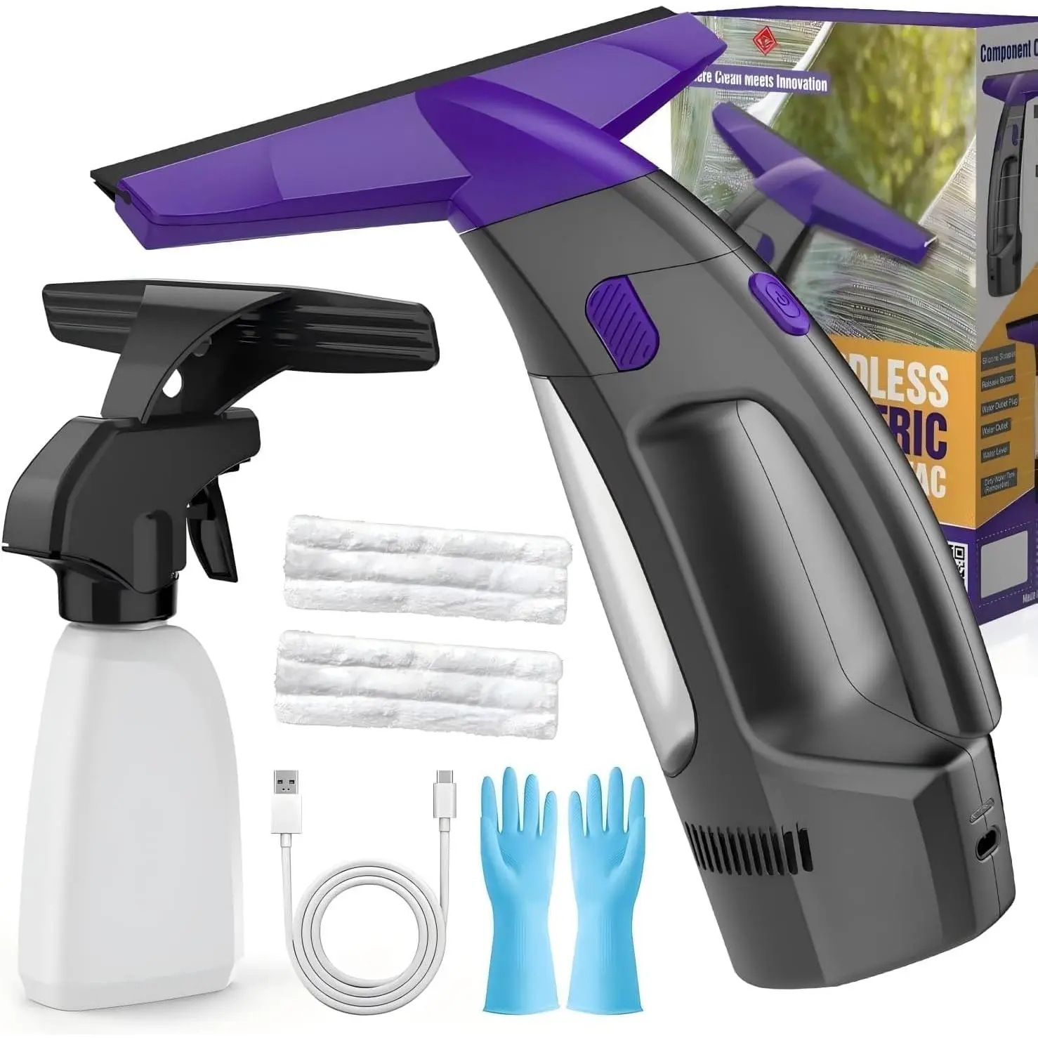 Window Vacuum  Cordless, 2000Pa Electric Window Cleaner Tool with  Bottle & Microfiber Pad, Handheld Window Cleaning Kit for Streak-Free Glass, Shower Doors, Mirrors, Tiles,  Windows