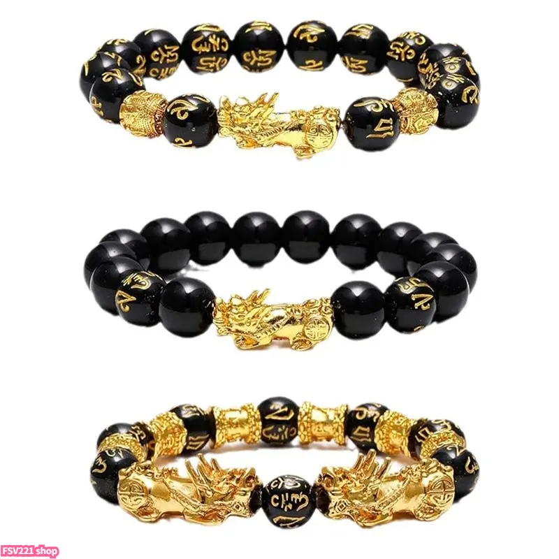 Unisex 3-Pcs Feng Shui Natural Stone Beaded Bracelets - Black Beads, Pixiu Charm, Money-Attracting Costume Jewelry for Daily Wear & Bracelet Stacking