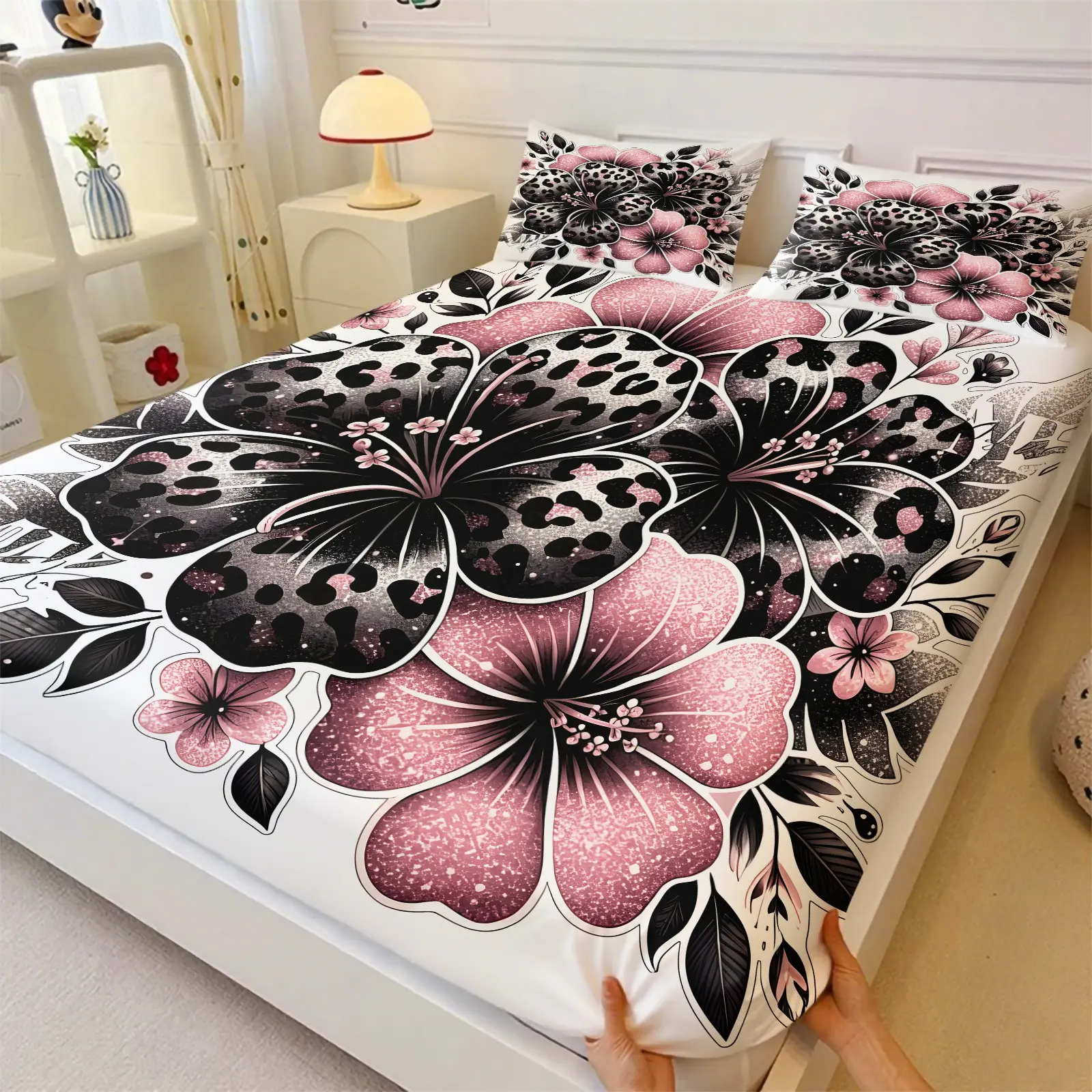 3-Piece All Season Bedding Set With Pink Leopard & Hibiscus Print, 1 Fitted Sheet & 2 Coreless Pillowcases, Soft Breathable Skin-Friendly Fabric With Deep Pocket Design. Y2K Hot Girl & Modern Luxury Style For Bedrooms, Dorms And Kids Rooms Decor