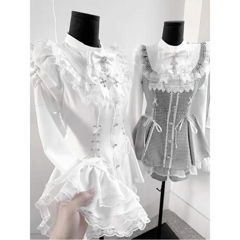 Y2k Aesthetic Lolita Style Bow Dress Shorts Set Women Kawaii Lace Flare Sleeve Bow Shirt Dress Japanese Punk Party Mini Dress
