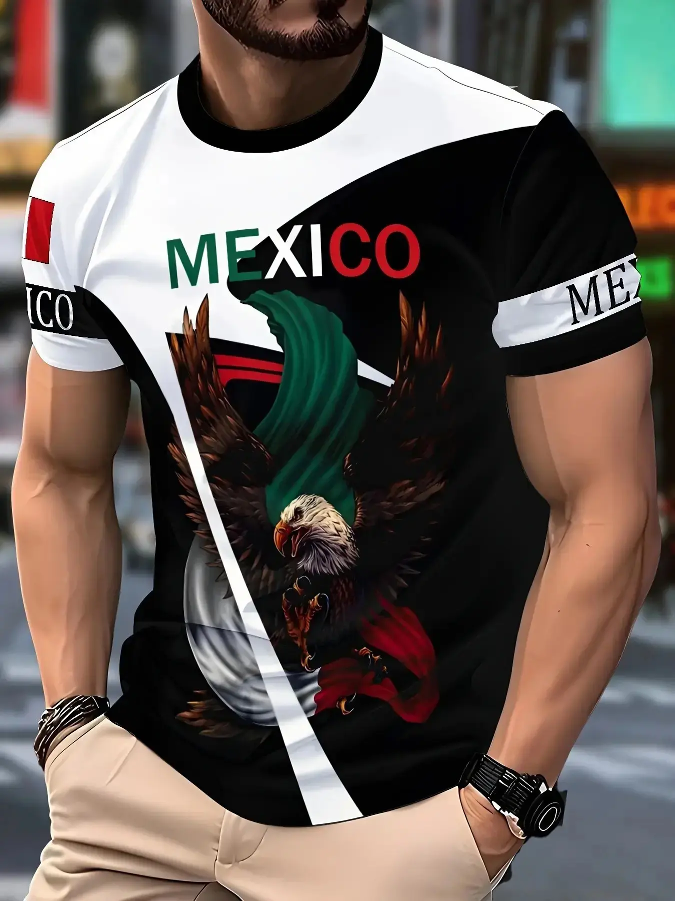Mexican Flag Print Graphic T-Shirt for Men, Casual Short Sleeve, Mexican Theme Pride Top, Eagle Pattern Geometric Patriotic Round Neck Shirt