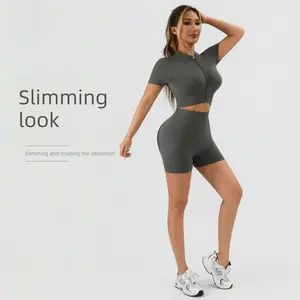 Slim and slim stand-up collar zipper short sleeve women's high waist belly shorts ribbed hip lift yoga tennis sportswear summer