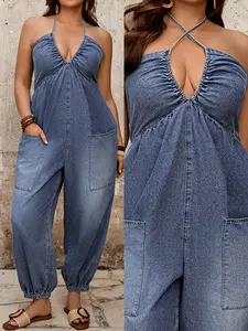 Women's Plus Size Cross Strap Denim Jumpsuit Overalls, Ruched V Neck, Elastic Sleeves, Deep Blue Summer Casual Resort Wear, Bohemian Boho Y2K Style, Pockets Included