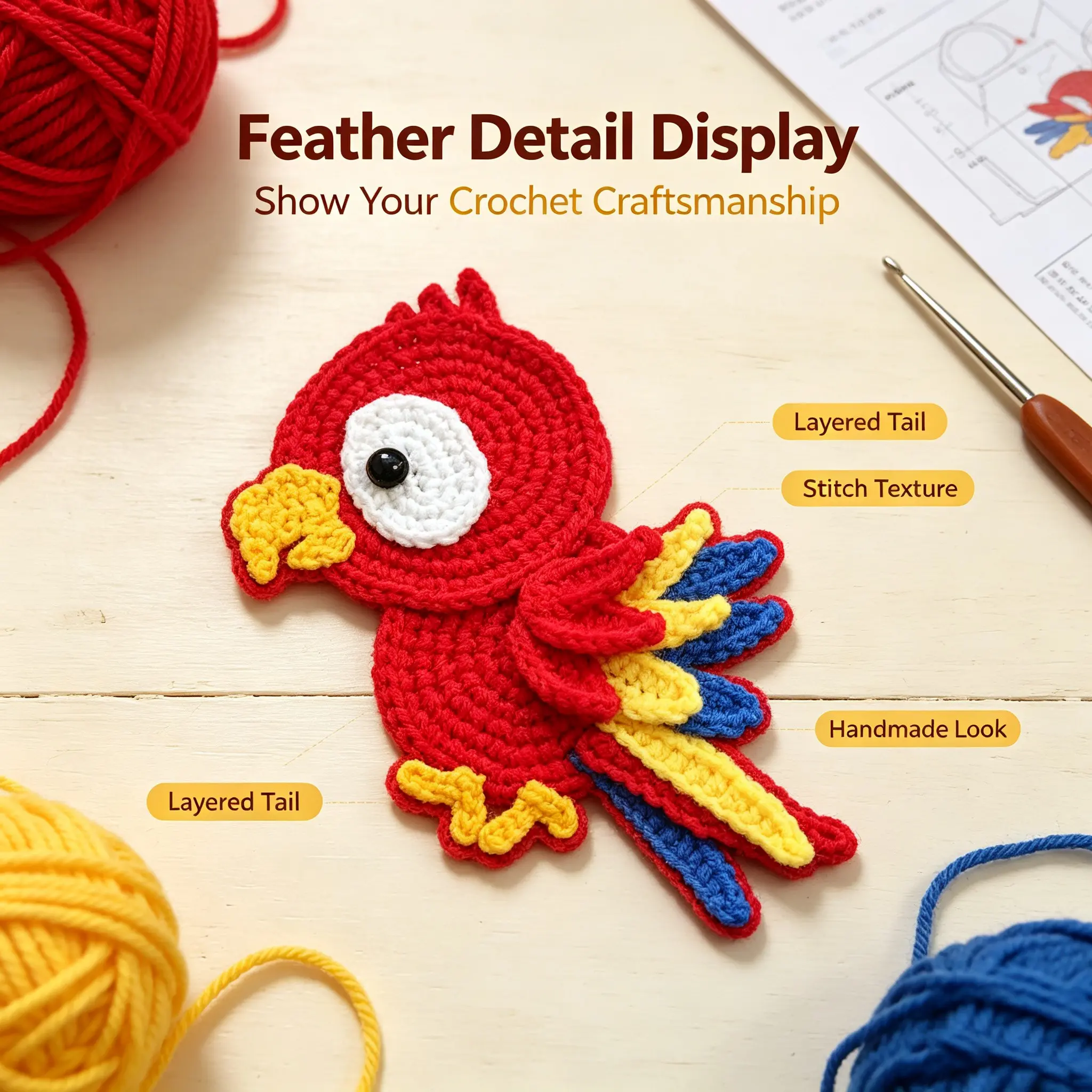 Parrot Animal Sticker Crochet Kit for Beginners, Adult DIY Weaving Set with Pdf Tutorial, Perfect Gift for Holidays, Cute Farmhouse Decor